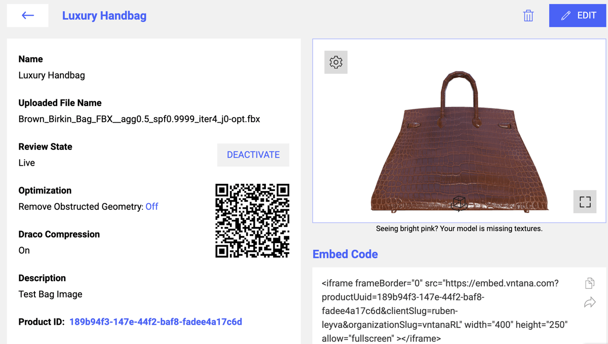 3D FBX Model of Brown Leather Bag on VNTANA Platform with QR Code
